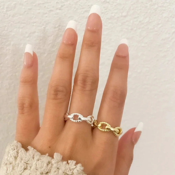 925 Sterling Silver Curb Chain Ring Chain Link Ring Stackable Minimalist Ring - Picture 3 of 9